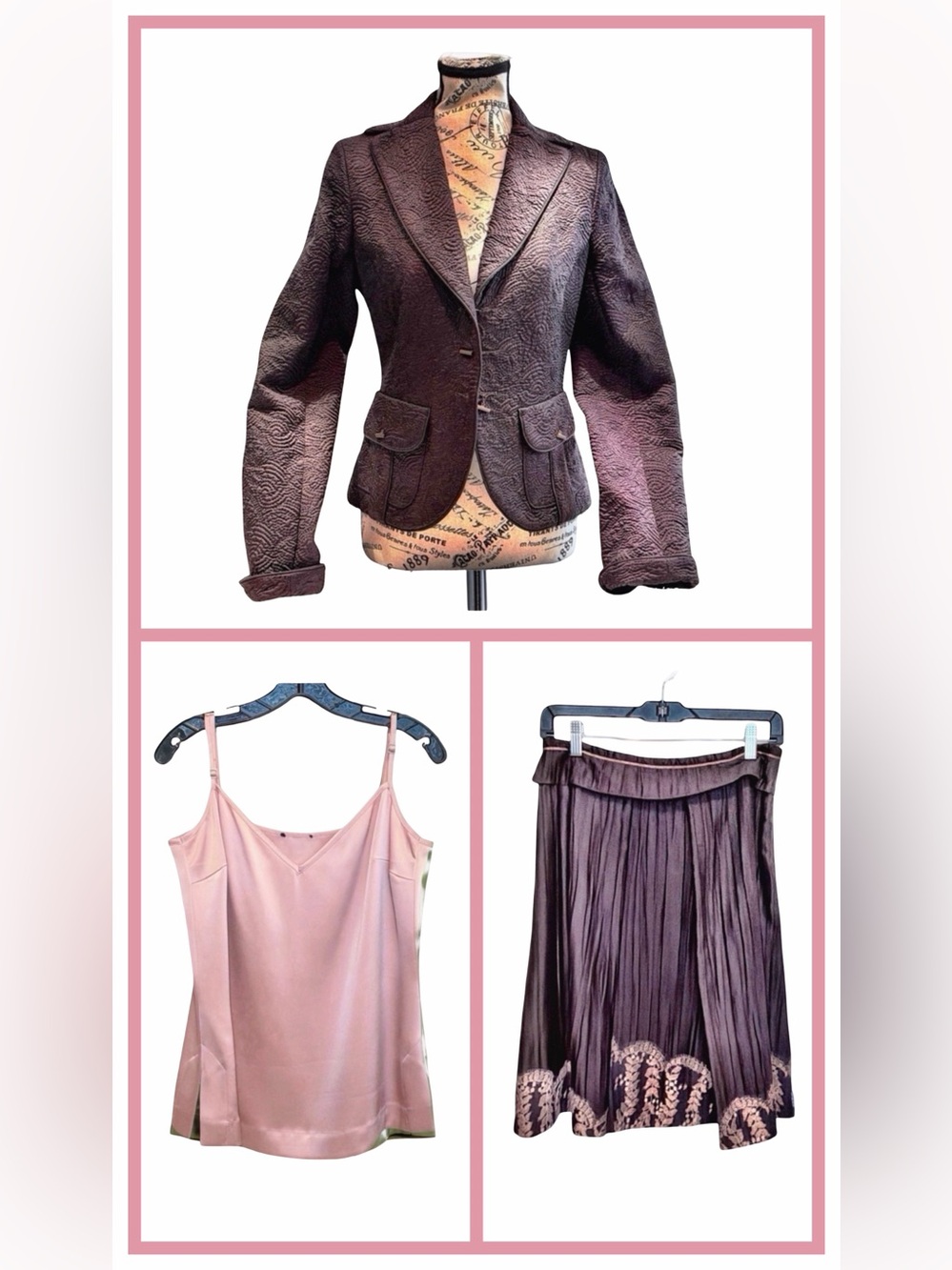 Zenobia 3-Piece Textured Blazer, Silk Camisole & Pleated Skirt Set– Size 6/4